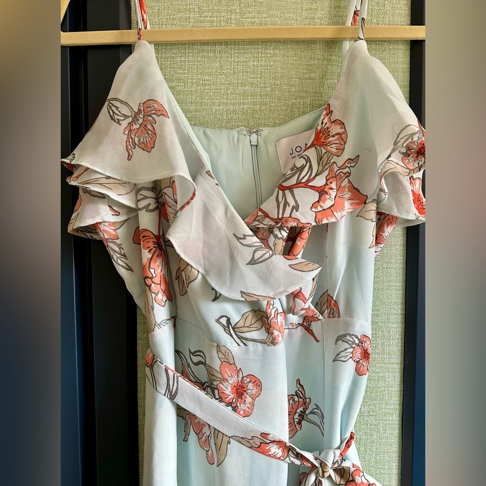 J.O.A. Floral Print Ruffle V Neck Midi/Maxi Dress, Blue Orange, NWOT, Size L - Picture 5 of 6
